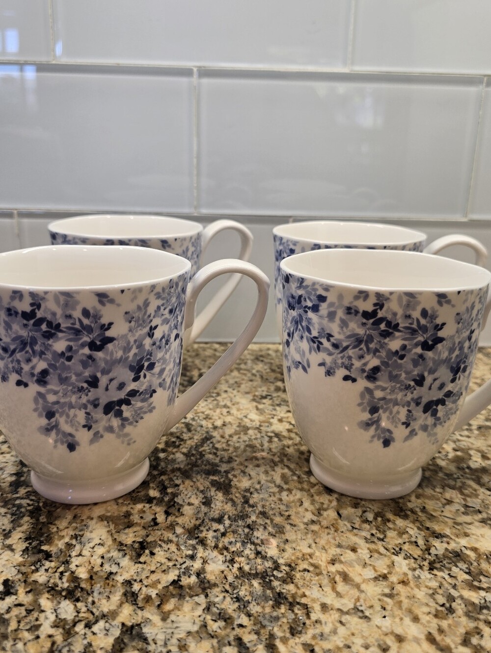 Envogue Home Set of 4 White Blue Floral Print Coffee Tea Mugs